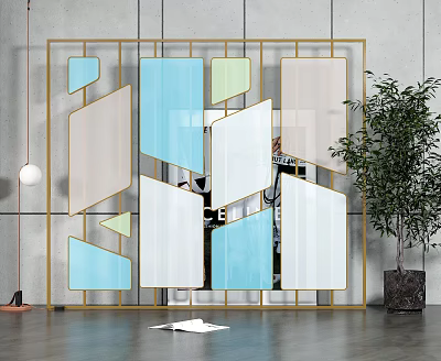 Modern Room Divider With Golden Frame And Geometric Translucent Colored Panels In Interior 3d model