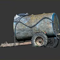 Old Rusty Blue Yellow Fuel Tank Trailer With Wheel Pipes And Frame