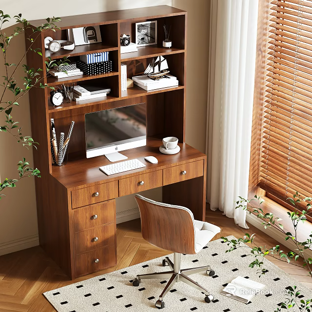 Wooden Writing Desk With Computer Monitor Keyboard Mouse Bookshelf Books Clock And Side Chair 3d model 