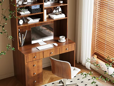 Wooden Writing Desk With Computer Monitor Keyboard Mouse Bookshelf Books Clock And Side Chair 3d model