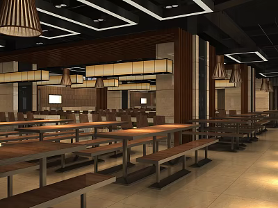Cafeteria Interior Design With Long Tables Pendant Lights And Wooden Decorations 3d model