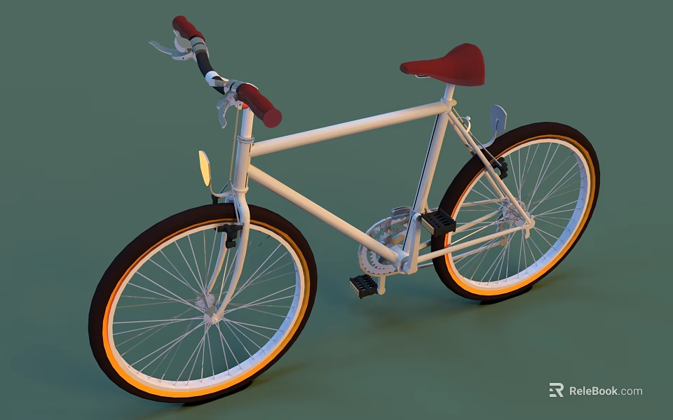 Stylish Retro Bicycle With White Frame Red Saddle And Orange Rim Wheels 3d model 