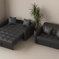 Black Leather Double Sofa Convertible Design With Potted Plant And Window Blinds