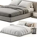 Modern Simple Double Bed With Light Gray Linen Bedding Beige Headboard And Small Nightstands 3d model