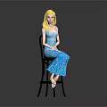 Blonde Haired Female Character Wearing Blue Floral Dress Seated On Black Chair Against Gray Background