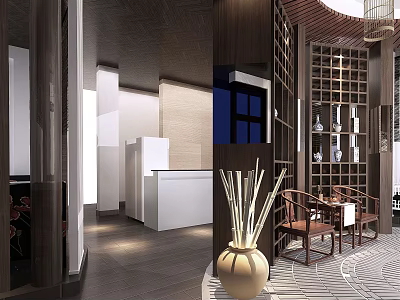Elegant Modern Clubhouse Interior With Reception Counter Wooden Chairs And Decorative Vase 3d model