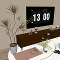 Modern TV Stand With Flat Screen TV Potted Plants Decorative Items And Area Rug
