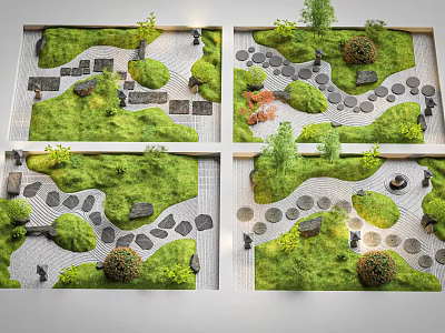 Courtyard Garden Design With Lush Green Grass Stone Paths And Decorative Bushes 3d model