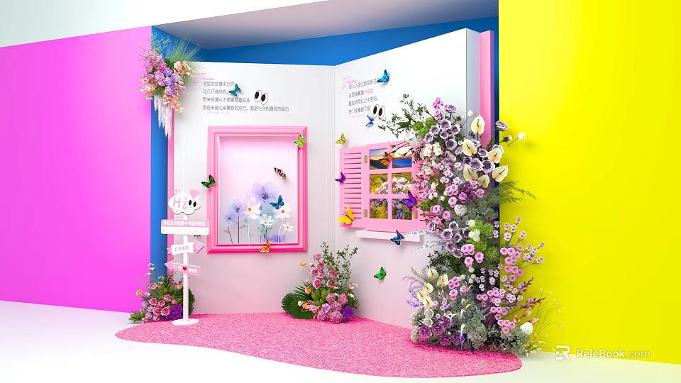 Vibrant Interactive Area With Pink Blue Yellow Walls Flowers Butterflies Window And Sign 3d model 