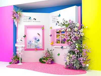 Vibrant Interactive Area With Pink Blue Yellow Walls Flowers Butterflies Window And Sign 3d model