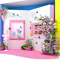 Vibrant Interactive Area With Pink Blue Yellow Walls Flowers Butterflies Window And Sign