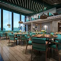 Modern Restaurant Interior With Green Chairs Wooden Ceiling And Pendant Lights