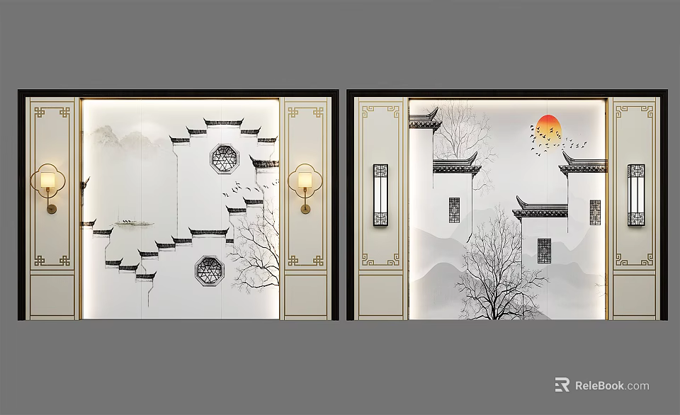 Chinese Style Sofa Background Wall With Ancient Architecture Tree Lantern And Sun Design 3d model