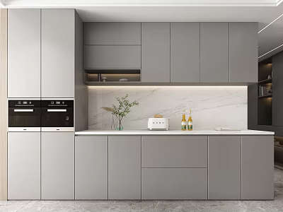 Modern Kitchen Sideboard Design With Gray Cabinetry Marble Countertop And Decorative Items 3d model