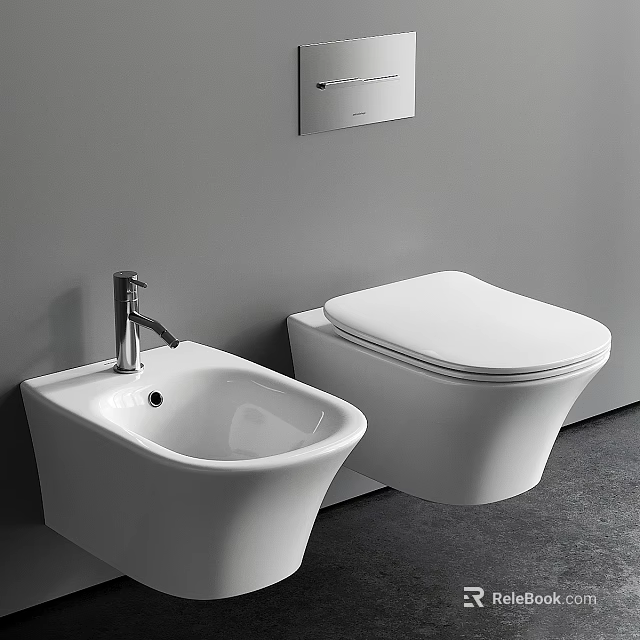 Modern White Wall Mounted Toilet With Silver Faucet Washbasin And Grey Wall 3d model 