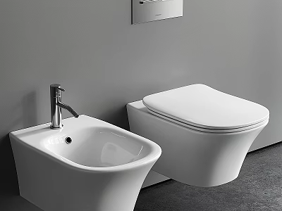 Modern White Wall Mounted Toilet With Silver Faucet Washbasin And Grey Wall 3d model