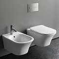 Modern White Wall Mounted Toilet With Silver Faucet Washbasin And Grey Wall