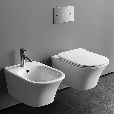 Modern White Wall Mounted Toilet With Silver Faucet Washbasin And Grey Wall 3d model