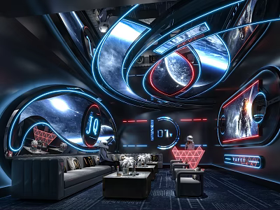Modern Futuristic KTV Lounge Interior With Neon Lights Comfortable Sofas And Large Screens 3d model