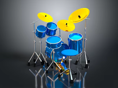 Blue Drum Set With Yellow Cymbals And Multiple Drums On Stands 3d model
