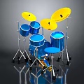 Blue Drum Set With Yellow Cymbals And Multiple Drums On Stands