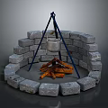 Garden Decorative Circular Stone Arrangement With Tripod Metal Pot And Burning Logs
