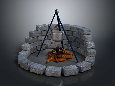 Garden Decorative Circular Stone Arrangement With Tripod Metal Pot And Burning Logs 3d model