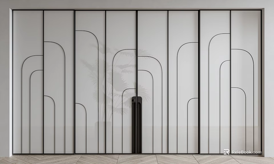 Minimalist Room Divider With Black Frame And Curved Line Patterns 3d model