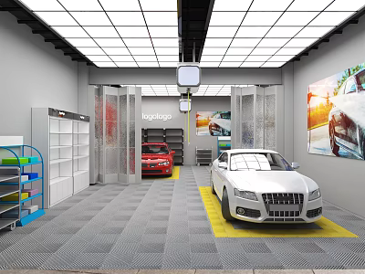 4S Auto Dealership Showroom With White And Red Cars On Display Shelves And Ceiling Lights 3d model