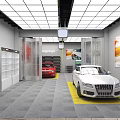 4S Auto Dealership Showroom With White And Red Cars On Display Shelves And Ceiling Lights