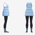 Blue And White Striped Sleeveless Dress With Black Leggings And Striped Socks