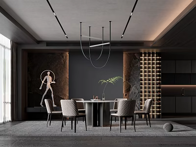 Modern Restaurant Interior With Dining Table Chairs Pendant Light Art Mural And Green Plant 3d model