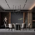Modern Restaurant Interior With Dining Table Chairs Pendant Light Art Mural And Green Plant