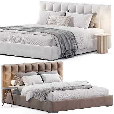 Modern Double Bed Design With Tufted Headboard Gray Bedding And Wooden Nightstand 3d model