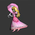 Princess Figure With Blonde Hair Pink Umbrella Pink Dress Crown Necklace Standing Against Gray Background
