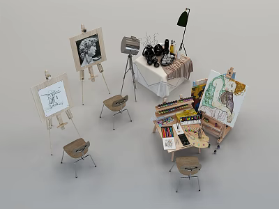 Musical Instruments and Art Supplies Collection With Easels Drawing Boards Paints and Brushes 3d model