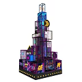 Colorful Neon Lit Structure With Geometric Shapes Chinese Characters And Logos