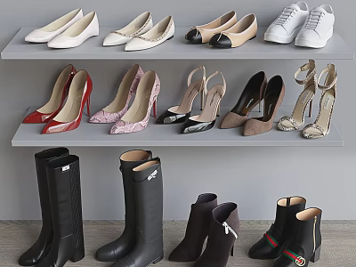 Various Shoes Collection Including High Heels Flats Boots And Sneakers On Shelves 3d model
