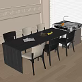 Dark Wooden Dining Table with Gray White Chairs and Fruit Platter in Light Room