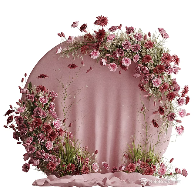 Round Pink Wall Decor With Pink Red Flowers Green Grass And Vines 3d model 