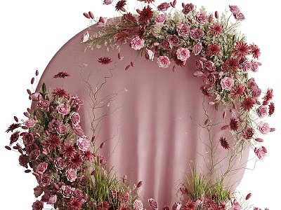 Round Pink Wall Decor With Pink Red Flowers Green Grass And Vines 3d model