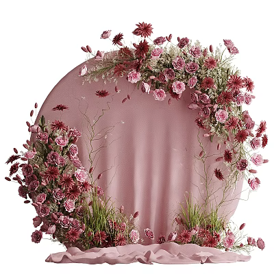 Round Pink Wall Decor With Pink Red Flowers Green Grass And Vines 3d model