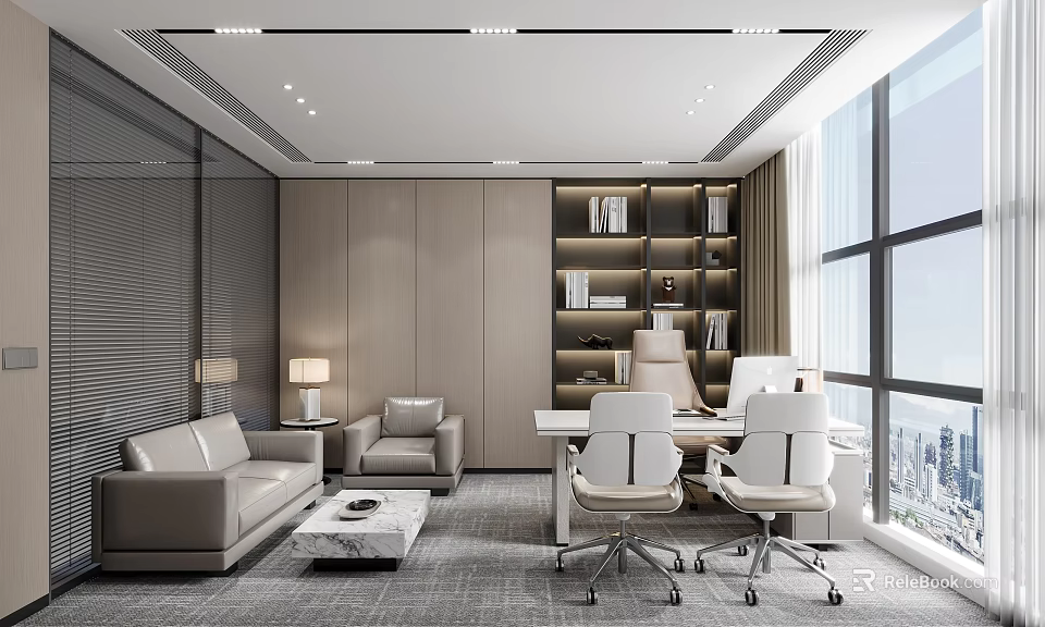 Modern Office Interior Design With Sofa Desk Bookshelf And Large Window 3d model 