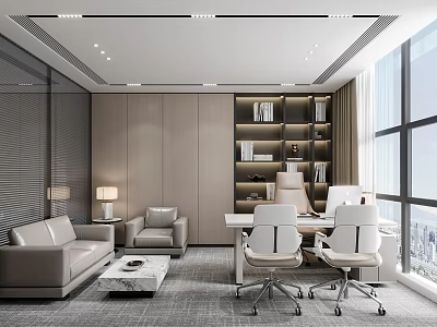 Modern Office Interior Design With Sofa Desk Bookshelf And Large Window 3d model