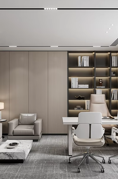 Modern Office Interior Design With Sofa Desk Bookshelf And Large Window 3d model