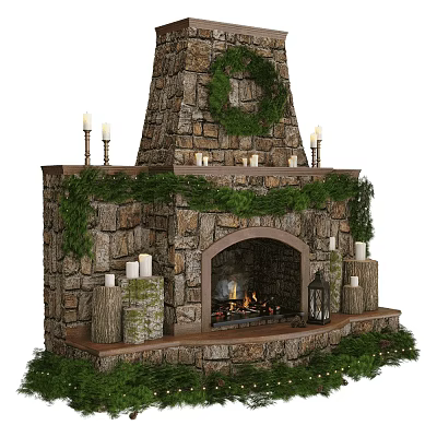 Stone Fireplace Wall Decorated With Greenery Candles Lantern And Burning Flames 3d model
