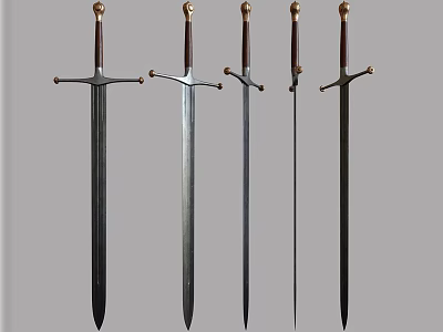 Five Historical Swords With Golden Decorated Hilts And Slender Blades Neatly Arranged 3d model