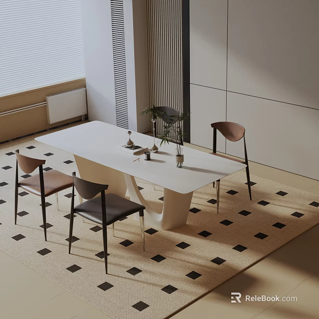 Modern White Dining Table Set With Brown Black Chairs Decorative Vases And Geometric Rug 3d model 
