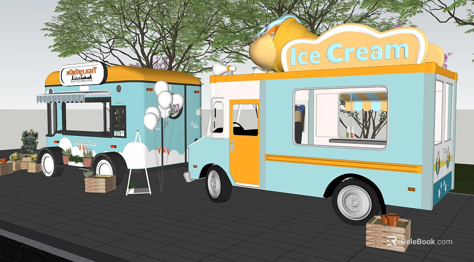 Vibrant Ice Cream Truck And Food Truck With Balloons Plants And Wooden Crates 3d model 