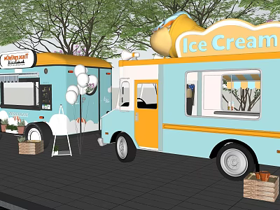 Vibrant Ice Cream Truck And Food Truck With Balloons Plants And Wooden Crates 3d model